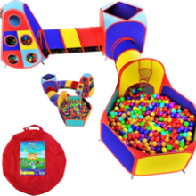 Playz 5pc Kids Play Tent Jungle Gym with Ball Pit, Pop Up Tents & Play Tunnel - Indoor & Outdoor Playhouse Bundle with Dartboard and Sticky Balls - Gift for Boys & Girls