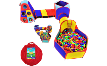 Playz 5pc Kids Play Tent Jungle Gym with Ball Pit, Pop Up Tents & Play Tunnel - Indoor & Outdoor Playhouse Bundle with Dartboard and Sticky Balls - Gift for Boys & Girls