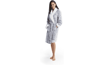 Plush Kimono Belted Robe for Women - Mid-Length Bathrobe with Pocket, Collar & Cuff - Paisley Grey