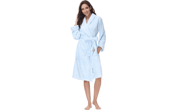 Plush Kimono Belted Robe for Women - Mid-Length Bathrobe with Pocket, Collar & Cuff, Printed Roses Blue