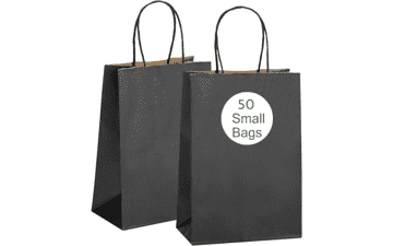 RNORRI Gift Bags - 50Pcs Black Paper Bags - 5.25x3.75x8 Inches - Party Favor Bags Bulk - Reusable Shopping Bags - Small Black Bags With Handles - Treat, Goodie, Christmas