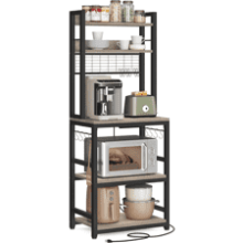 VASAGLE Hutch Bakers Rack with Power Outlet, 14 Hooks Microwave Stand, Adjustable Coffee Bar, Kitchen Storage Shelf - Greige and Black