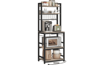 VASAGLE Hutch Bakers Rack with Power Outlet, 14 Hooks Microwave Stand, Adjustable Coffee Bar, Kitchen Storage Shelf - Greige and Black