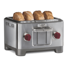 Wolf Gourmet 4-Slice Toaster with Shade Selector, Bagel and Defrost Settings - Red Knob, Stainless Steel