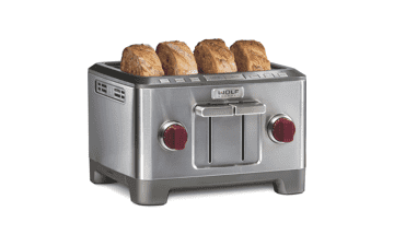 Wolf Gourmet 4-Slice Toaster with Shade Selector, Bagel and Defrost Settings - Red Knob, Stainless Steel