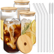 Drinking Glasses with Bamboo Lids 4pcs Set