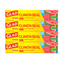 Glad Cling N Seal Plastic Food Wrap, 300 Sq Ft - 4 Pack