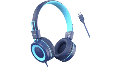 Kids USB-C Headphones, 94dB Volume Limited, Foldable, Dark Blue