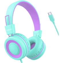 Kids USB-C Headphones: Volume Limited, Foldable, Purple Green