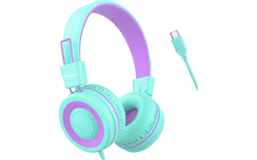 Kids USB-C Headphones: Volume Limited, Foldable, Purple Green