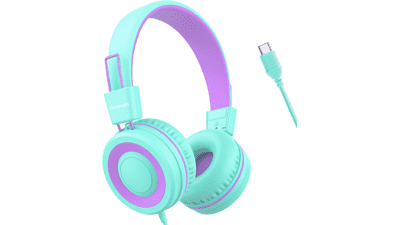 Kids USB-C Headphones: Volume Limited, Foldable, Purple Green